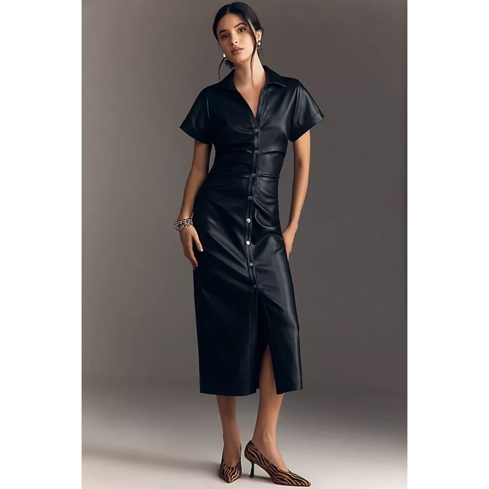 Pilcro Anthropologie Greer Faux Leather Midi Shirtdress Black M Edgy Streetwear